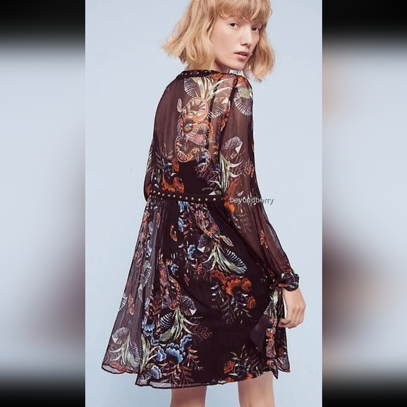 Anthropologie Maeve Black Green Nighttime Florals Sheer Dress US 8 - Picture 7 of 9